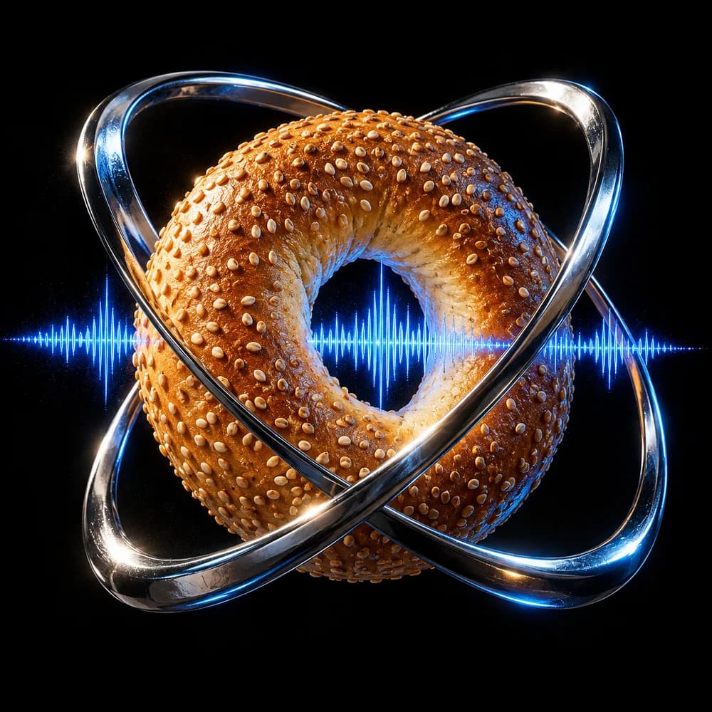 A golden sesame bagel suspended inside chrome rings and an electric-blue audio waveform.